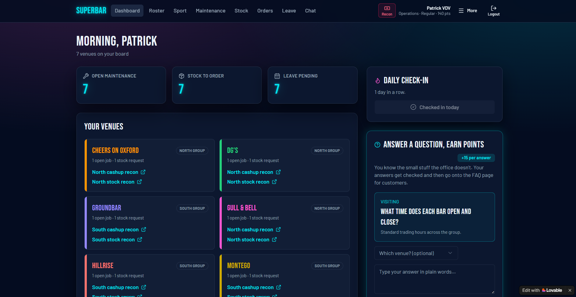SuperBar — Operator dashboard — 7 venues, recons and daily check-in