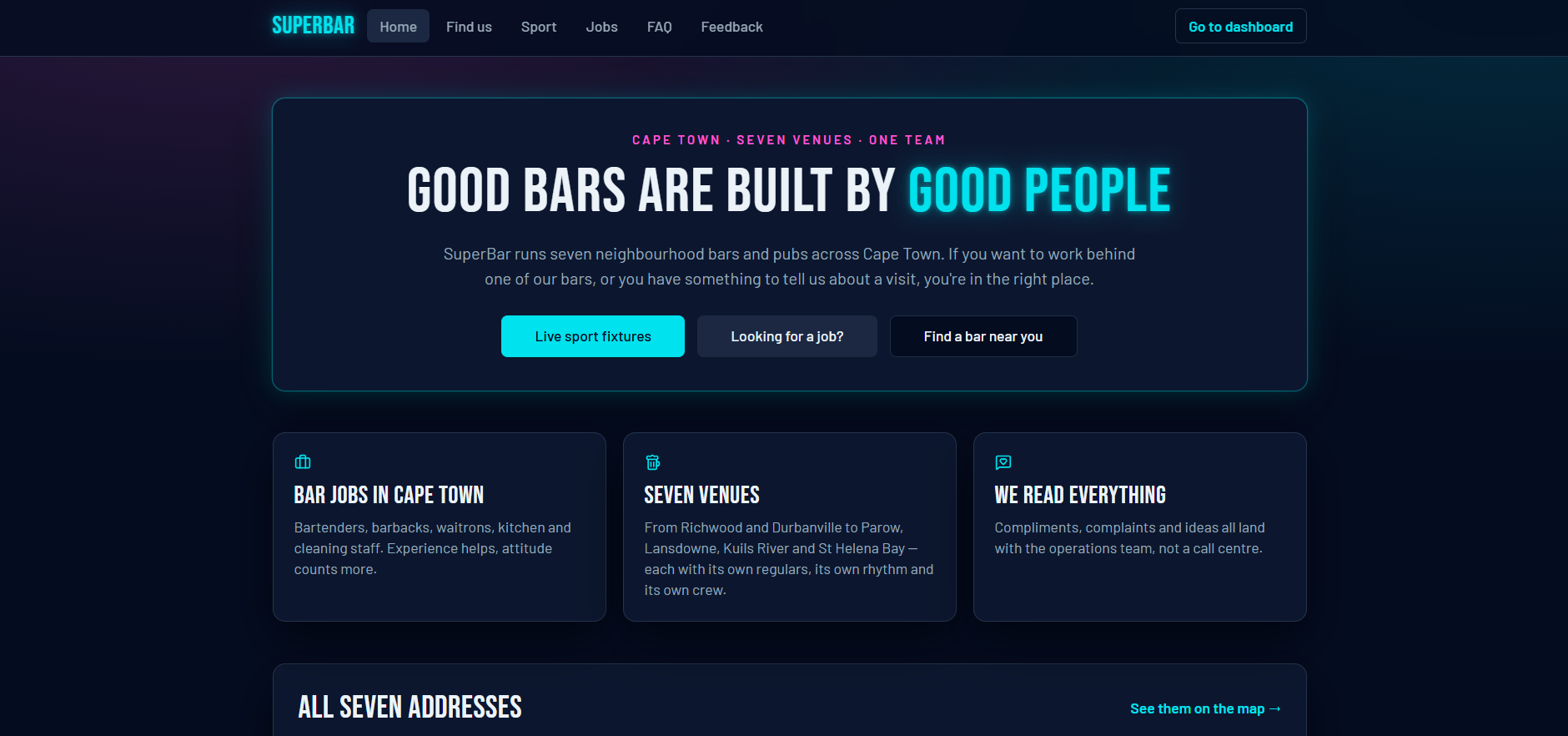 Screenshot of the live SuperBar website built by VDV Digital