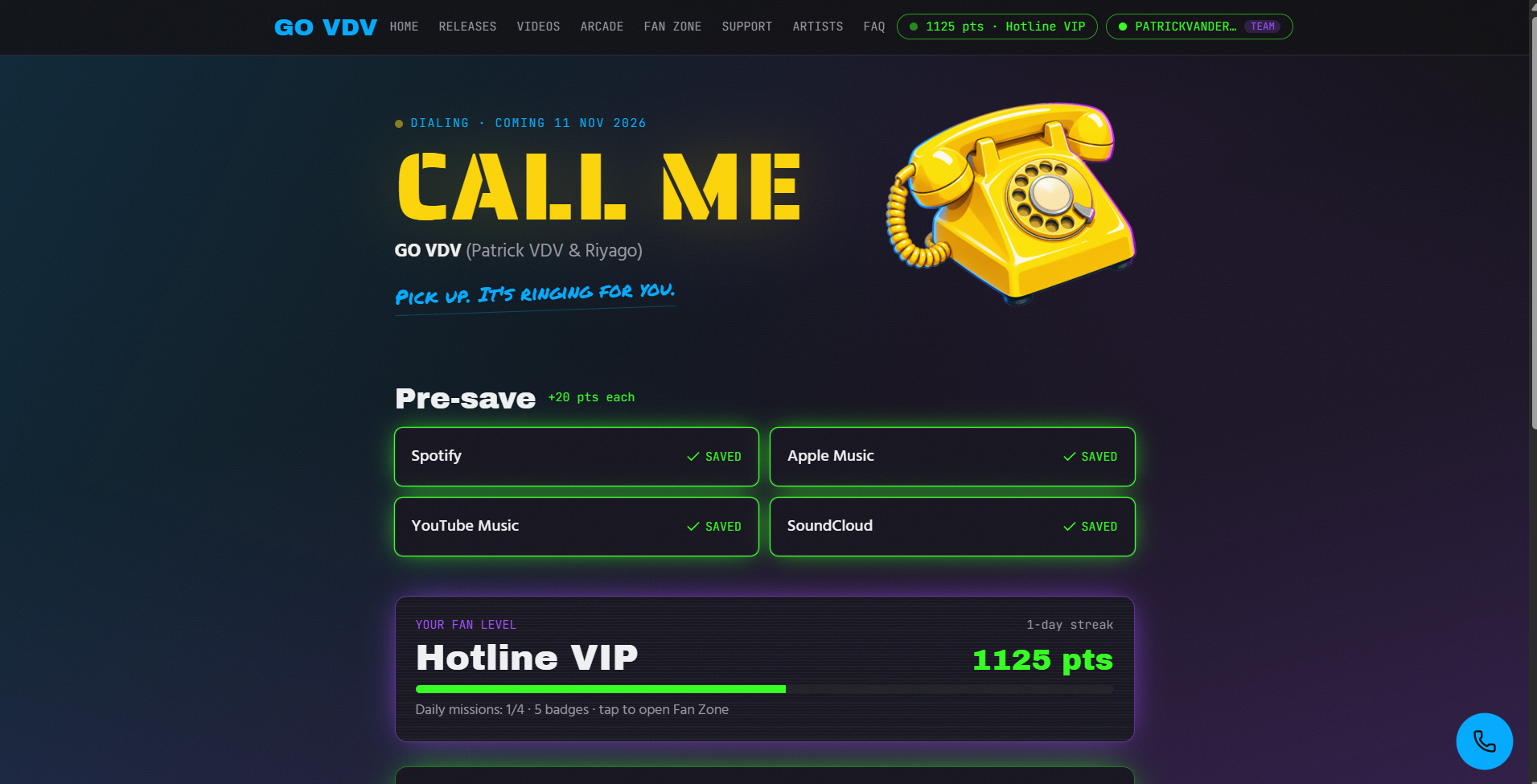 GO VDV — Release page — pre-saves and fan points