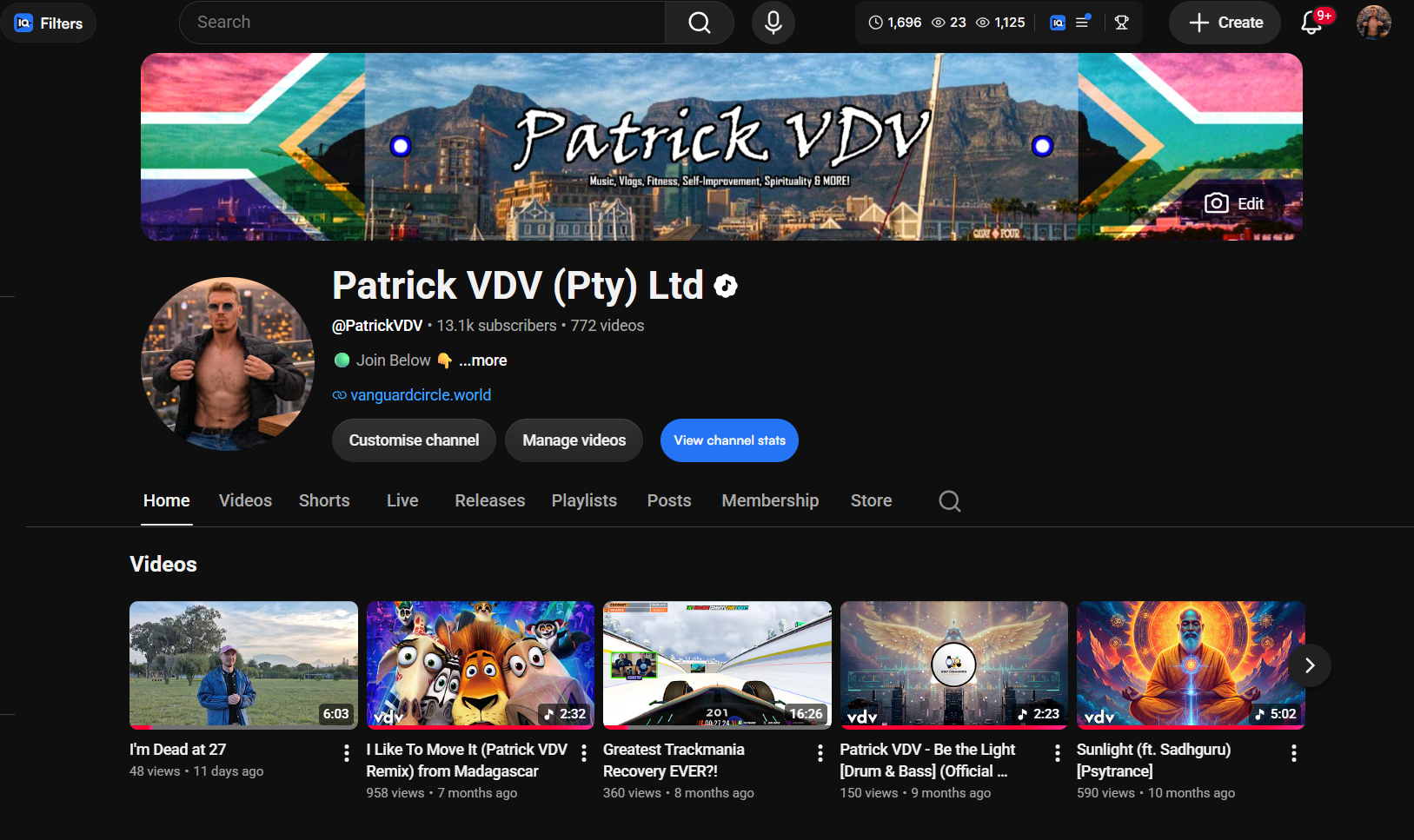Patrick VDV YouTube channel showing 13.1k subscribers and 772 videos