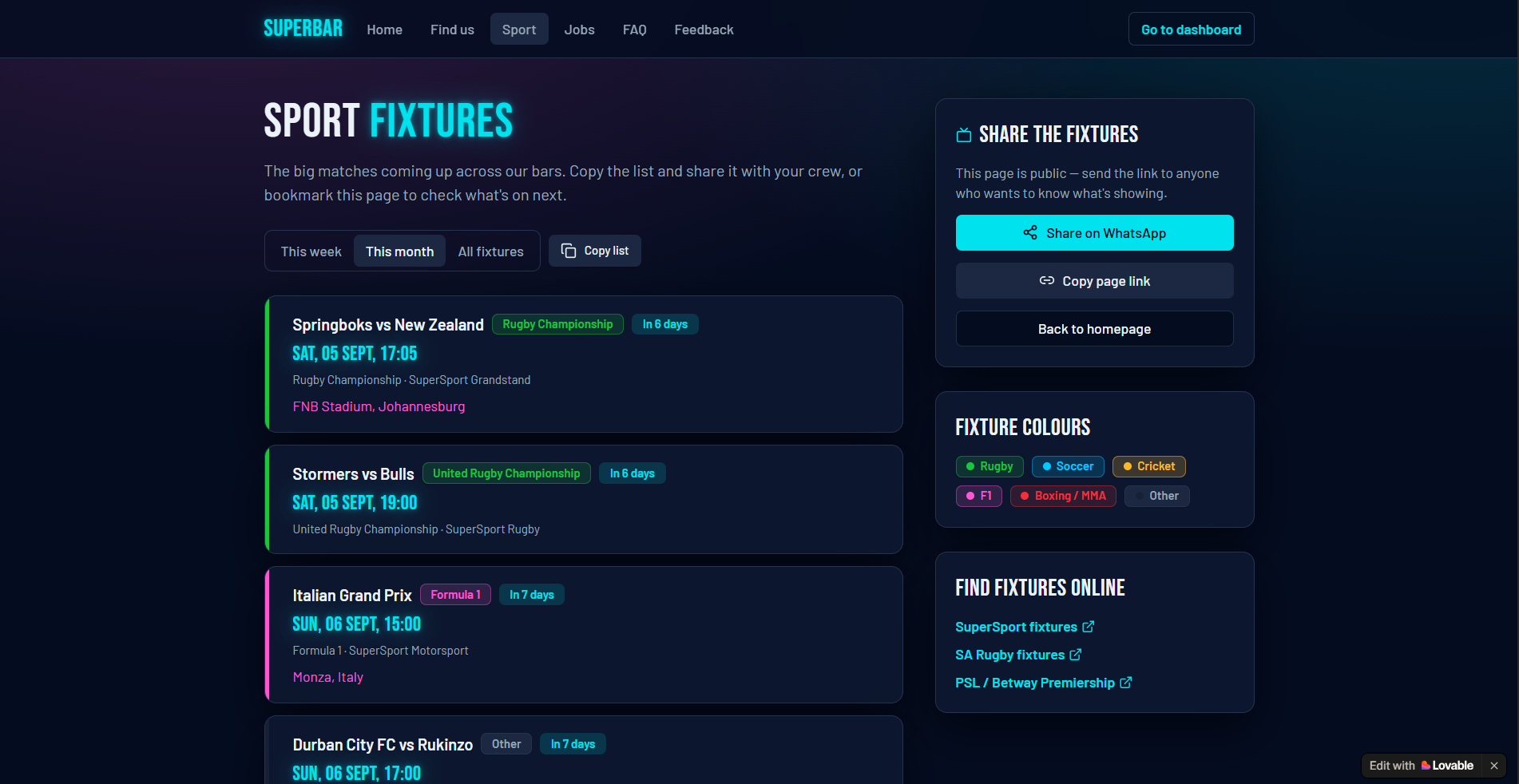 Screenshot of the live SuperBar — Fixtures website built by VDV Digital